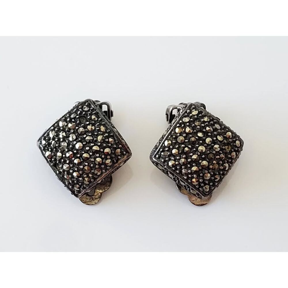Vintage Sterling Silver Marcasite Square Earrings - Picture 3 of 7